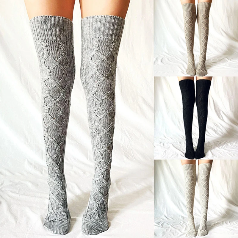 

Casual Knitted Cable Over Knee Socks Stockings Women Winter Thick Warm Stockings Long Thigh High Socks Christmas Gift Wholesale