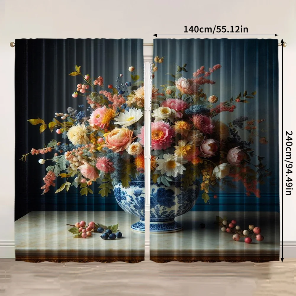 2pcs, 2D flat Window Curtains flowers and plants (3) Machine Washable Fabric,Without Electricity Festive Backdrops Applies to 3