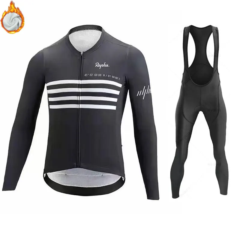 

2024 Rapha Winter Thermal Fleece Set Cycling Clothes Mens Jersey Sport Riding Bike MTB Clothing Bib Pants Warm Ropa Ciclismo