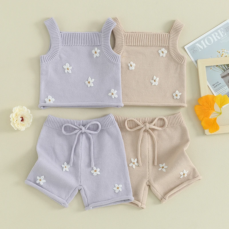 0-3 Years Newborn Baby Girls Clothing Set Floral Print Sleevelesss Tank Tops with Drawstring Shorts 2 Pieces Knit Outfits