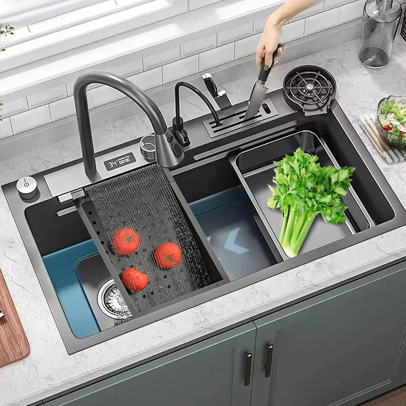 Stainless Steel Kitchen Waterfall Sink Digital Display Large Single Bowl Left Drainage Kitchen Sinks With Multifunction Faucet 4