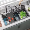 Stainless Steel Kitchen Waterfall Sink Digital Display Large Single Bowl Left Drainage Kitchen Sinks With Multifunction Faucet 4