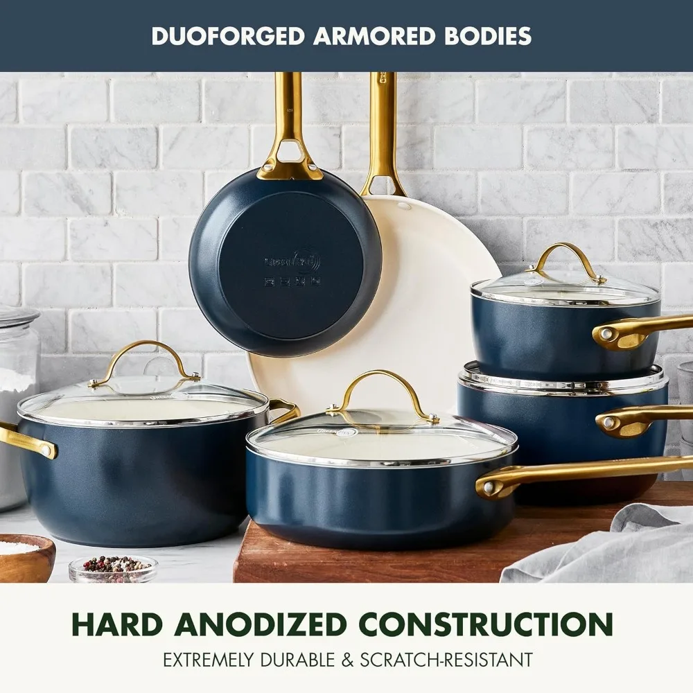 Reserve Hard Anodized Healthy Ceramic Nonstick 10 Piece Cookware Pots and Pans Set, Gold Handle, PFAS-Free, Dishwasher Safe