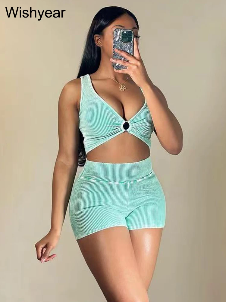 Sexy Beach Knitted Ribbed Orange Two 2 Pieces Sets Women Clothing Sleeveless Tank Tops and Shorts Summer Birthday Club Outfits