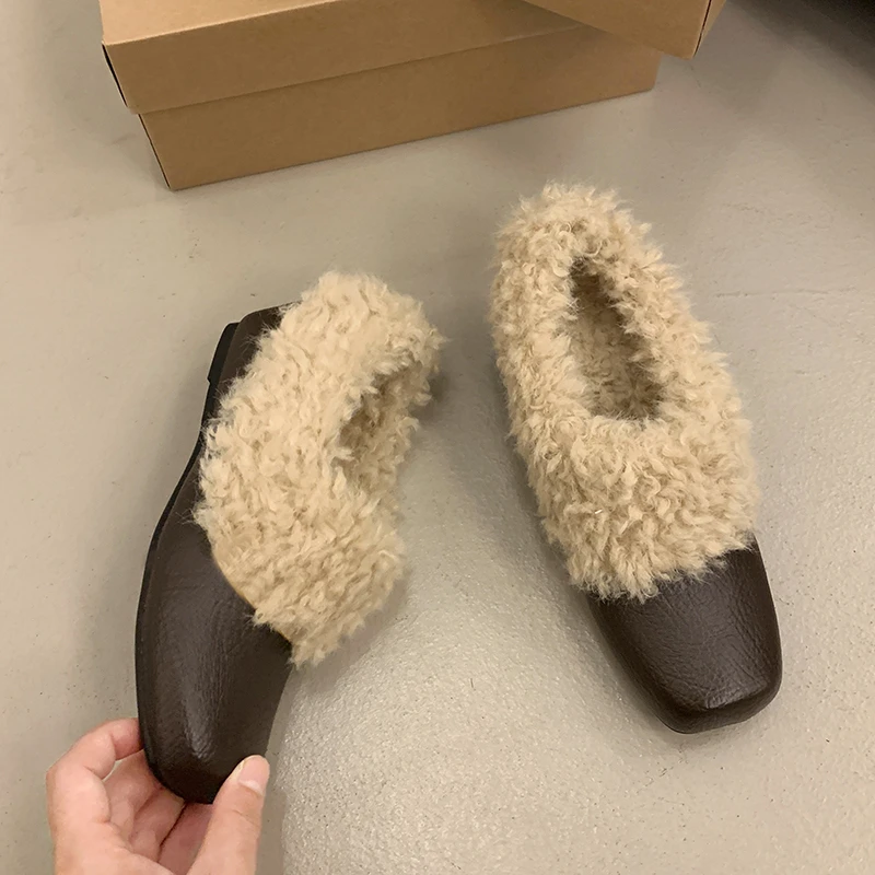 Aphixta 5cm Height Increasing Woman Casual Shoes Furry Slip On Square Toe Fashion Warm Woman Autumn Winter Flats Shoes