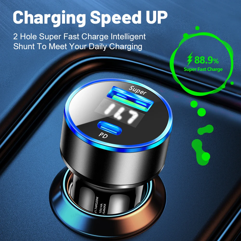 3.1A USB PD Car Charger 2 Port LED Display Voltmeter 12-24V Cigarette Lighter Socket Car Charger Adapter