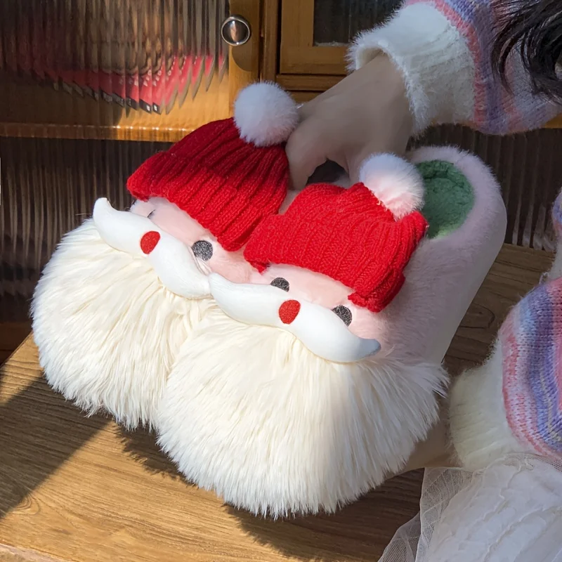 1 Pair Santa Claus Style Slippers, Indoor Warm Slippers, Winter Casual Slippers, Hand Washable, Christmas Gift, Unisex