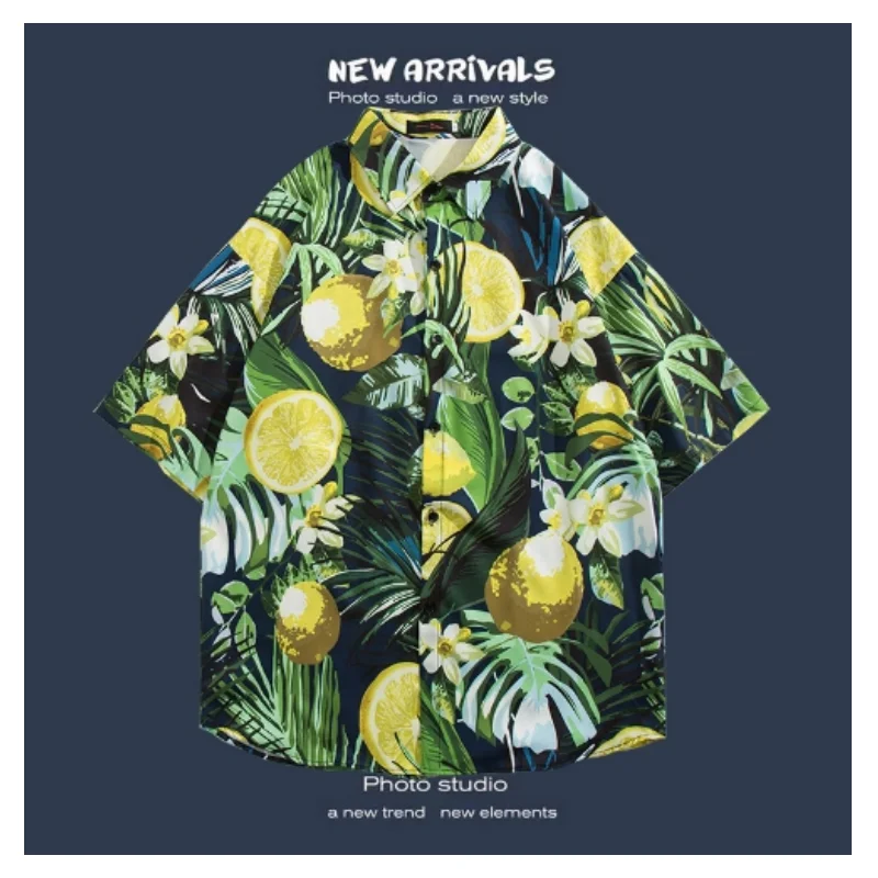 

2024 Summer New Men's Beach Shirt Loose and Versatile Short Sleeve Flower Shirt Hong Kong Style Retro Harajuku Hawaiian Shirt