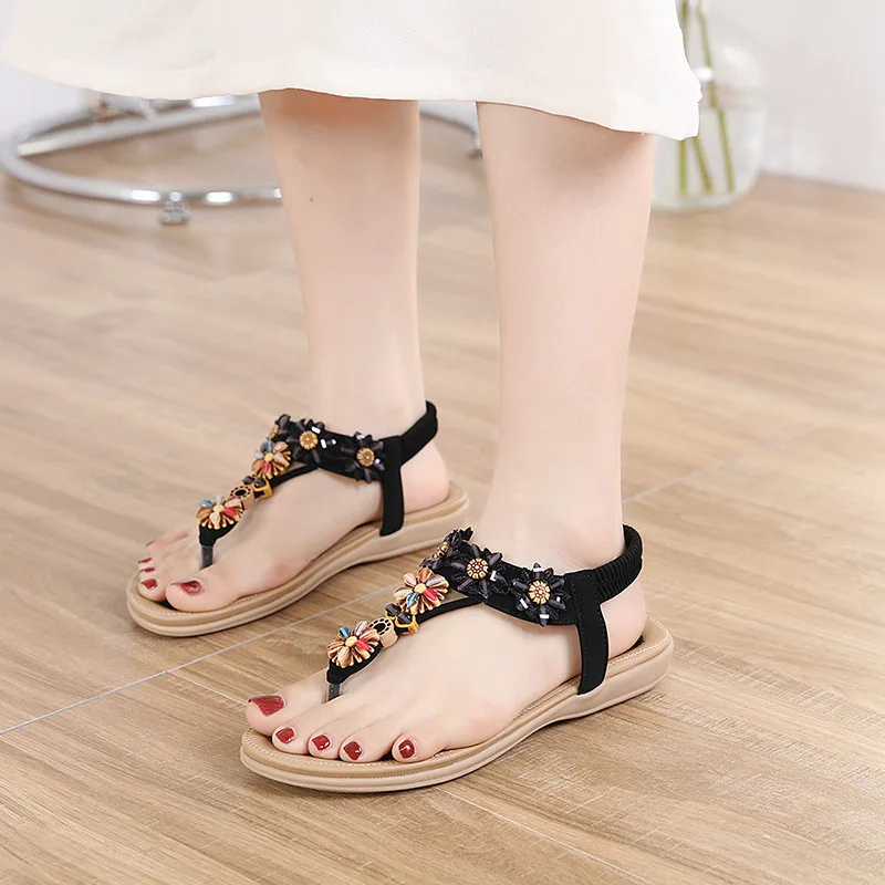 2024 Wholesale Summer New Rhinestone Flower Embroidered Line Flat Sandals Large Size Women Shoes
