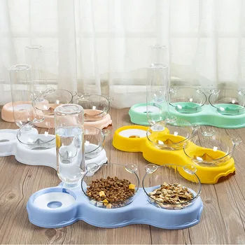 Pet Cat Automatic Feeder Plastic 3-in-1 Dog Food Bowl Double Bowls Automatic Water Reservoir Drinker Cat Feeding Accessories 2
