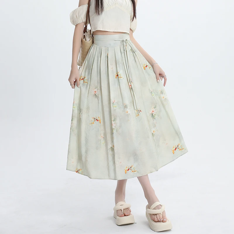 

New Arrival Summer Skirt for Women with Elastic High Waist, A-Line Design, Korean Style Silk Frayed Floral Long Skirt in Pink