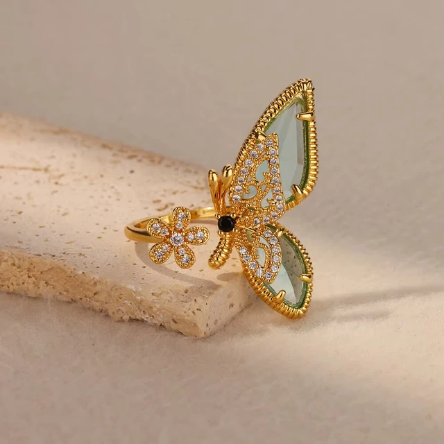 89443-2b8548.jpg Bagues de luxe en Zircon coloré bleu pour femmes, en acier inoxydable plaqué or, fleur papillon, bijoux brillants de fête exquis, 2025