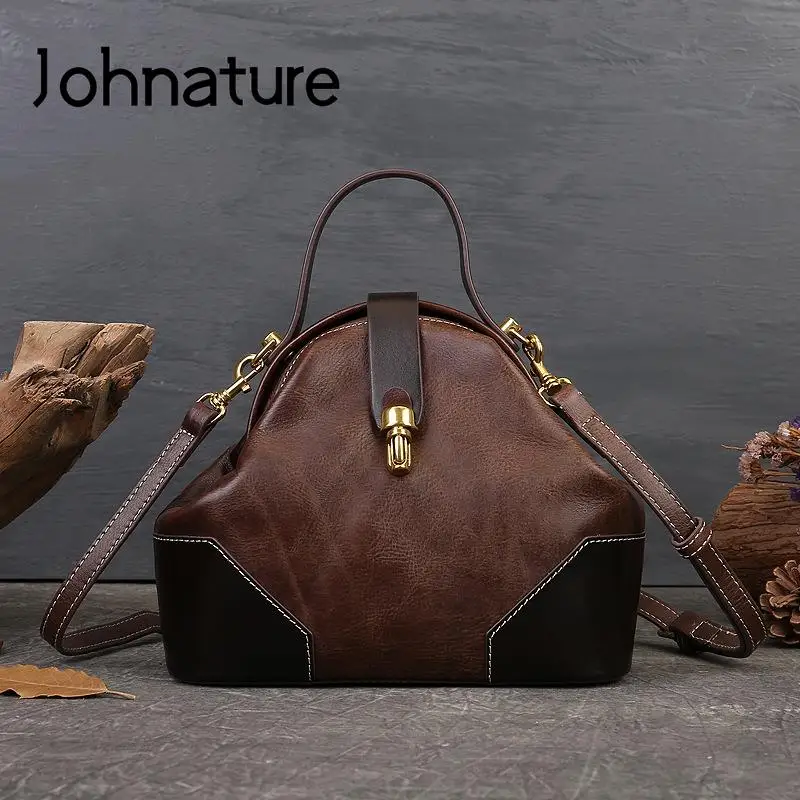 

Johnature Genuine Leather 2022 New Retro Contrast Color Women Bag Versatile Portable Handbag Natural Real Cowhide Shoulder Bags