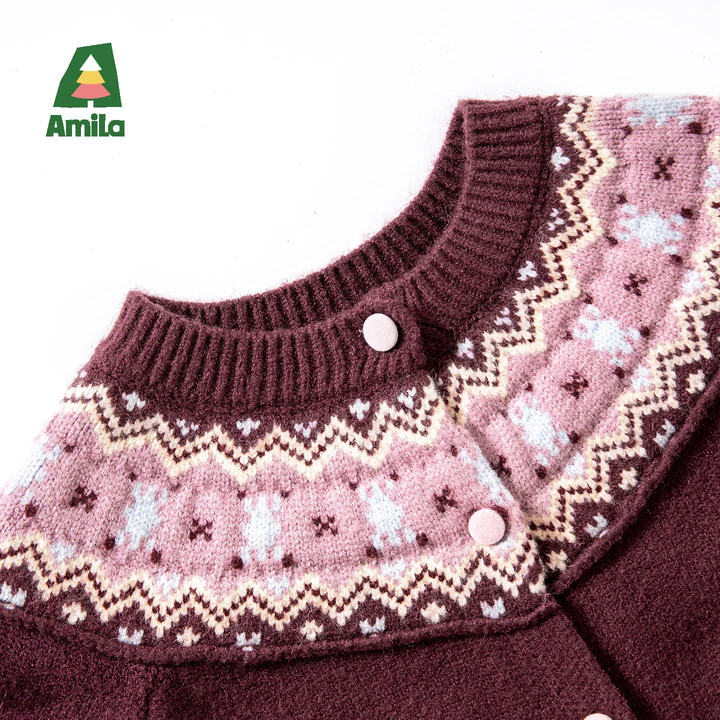 아밀라 키즈 2025 겨울 여아 노르딕 스타일 니트 가디건 레트로 기하학 패턴 자카드 두꺼운 따뜻한 피부 친화적