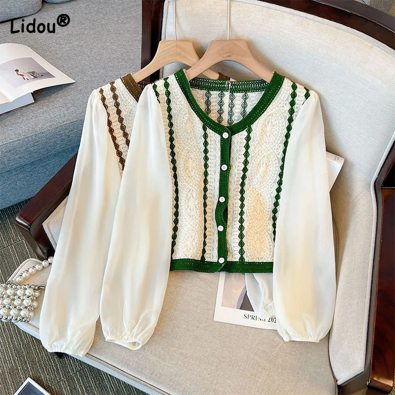 

Elegant Fashion Spliced Single-breasted Women's T-shirt Korean All-match Round Neck Long Sleeve Tops Spring New Female Clothing