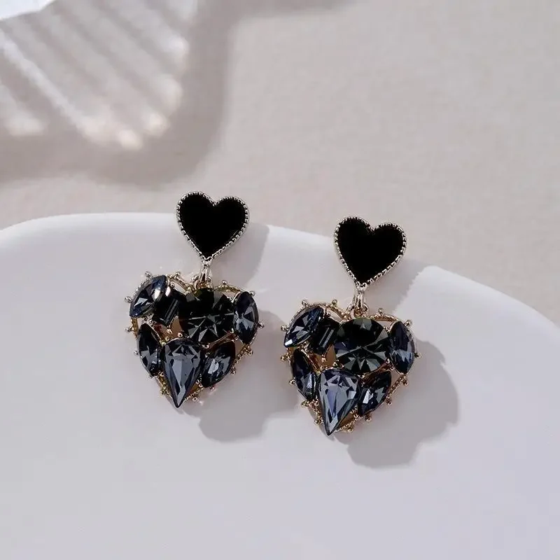 Dangle Earrings Black Rhinestones Double Heart Dripping For Women Fashion Vintage