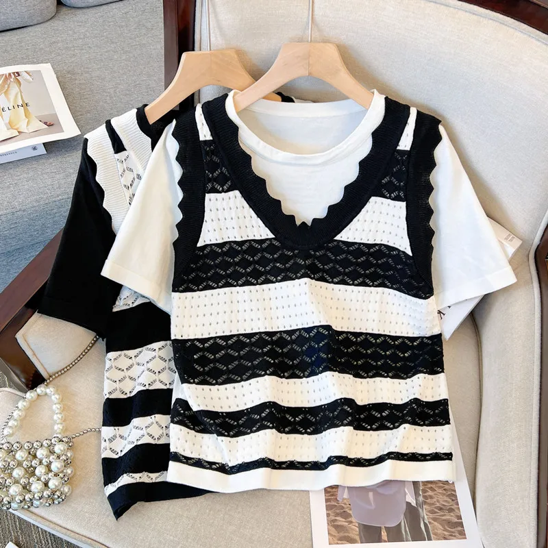 

Women Spring Summer Jacquard Knit Tee O Neck Short Sleeve Harajuku Sweater T-Shirt Vintage Plus Size Casual Black Pullover Tops