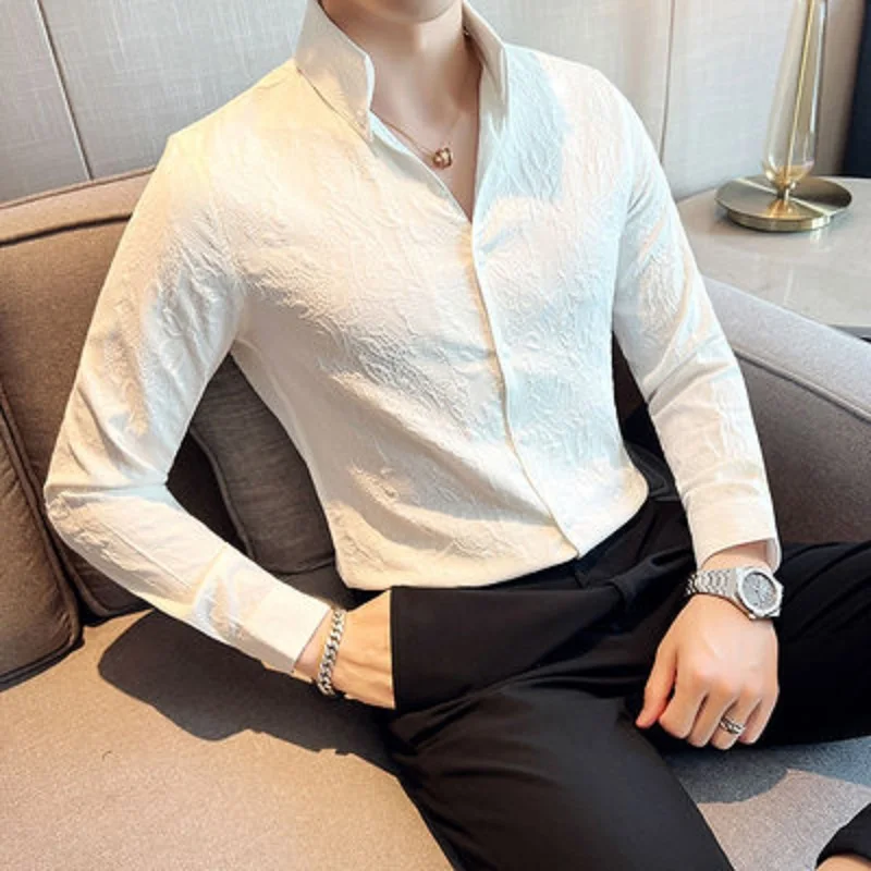 Long Sleeve Shirt Men 4XL Slim Fit Luxury Business Shirts V Neck Lace Floral Korean Style Man Social Blouse Camisa Men Clothing