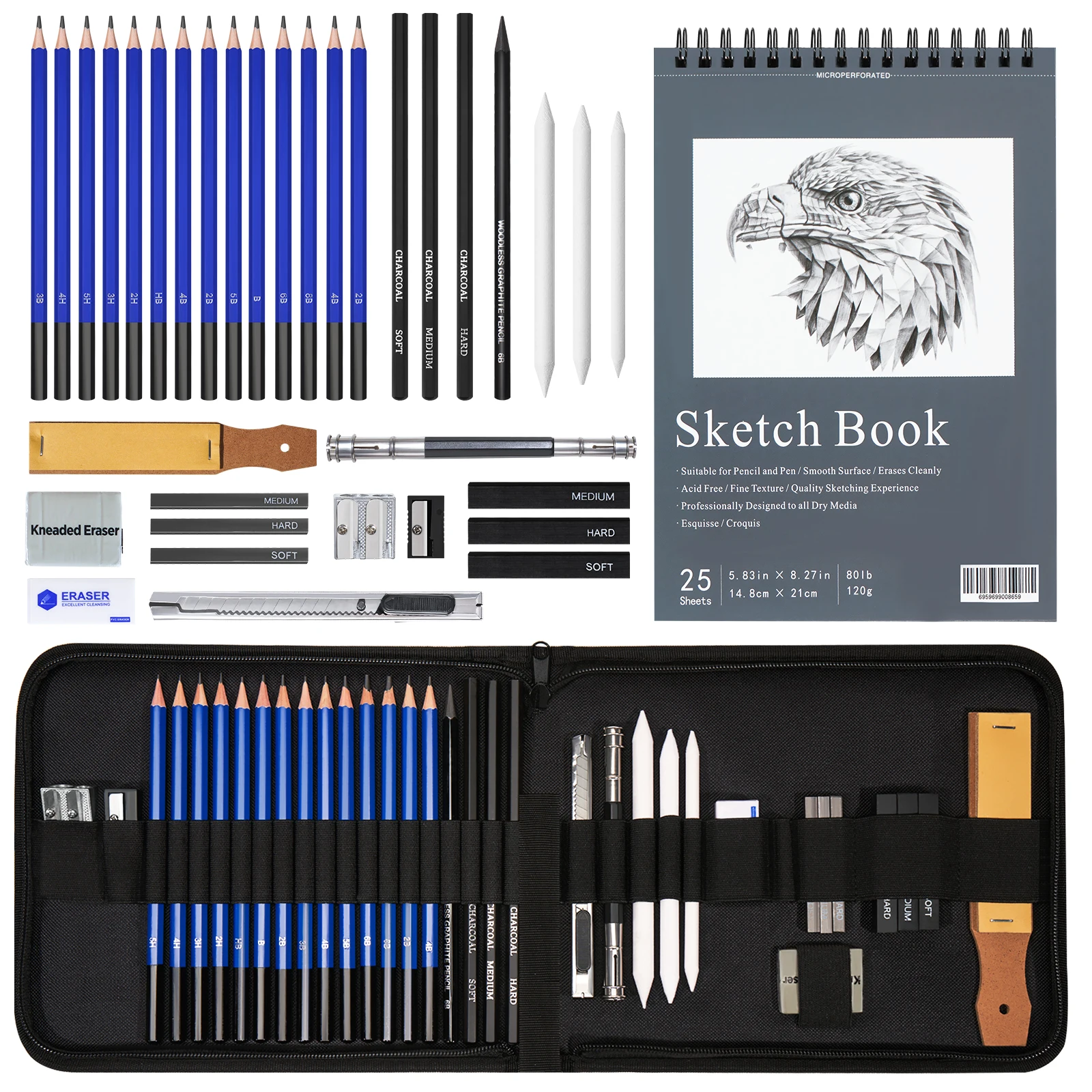 36PCSProfessionalSketchDrawingArtToolKitWithGraphitePencils