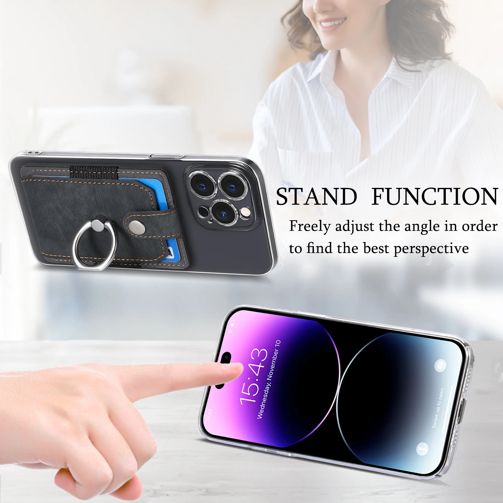 Adhesive Ring Buckle Phone Stand with Card Holder and Desktop Support, Multifunctional and Portable