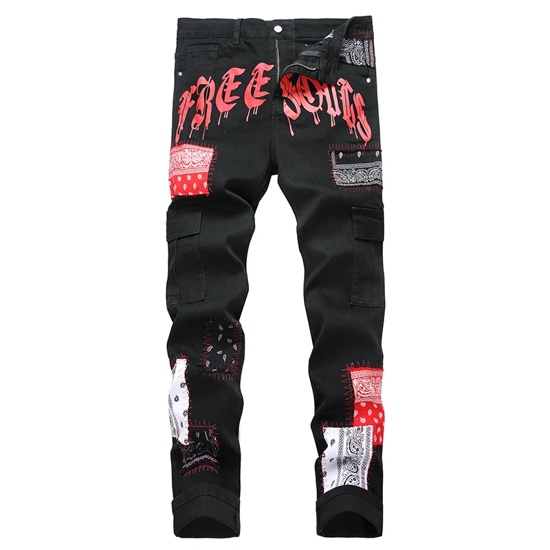 2023 Novos Homens Patchwork Jeans Preto Homens Impresso Em Linha Reta Fino Casual Calças Denim Outono Streetwear Hip Hop Jean Homme