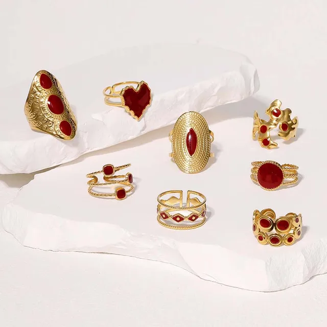 Bagues géométriques Vintage rouge goutte à goutte d'huile pour femmes, en acier inoxydable, couleur or, ouverture en cœur, bagues réglables, bijoux, nouveau 2025