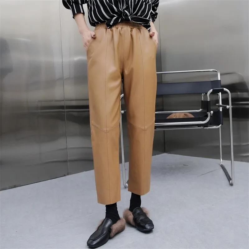 

2022 Autumn Winter Chic Women's High Quality Elastic Waist Sheepsskin Leather Ninth Pants B814