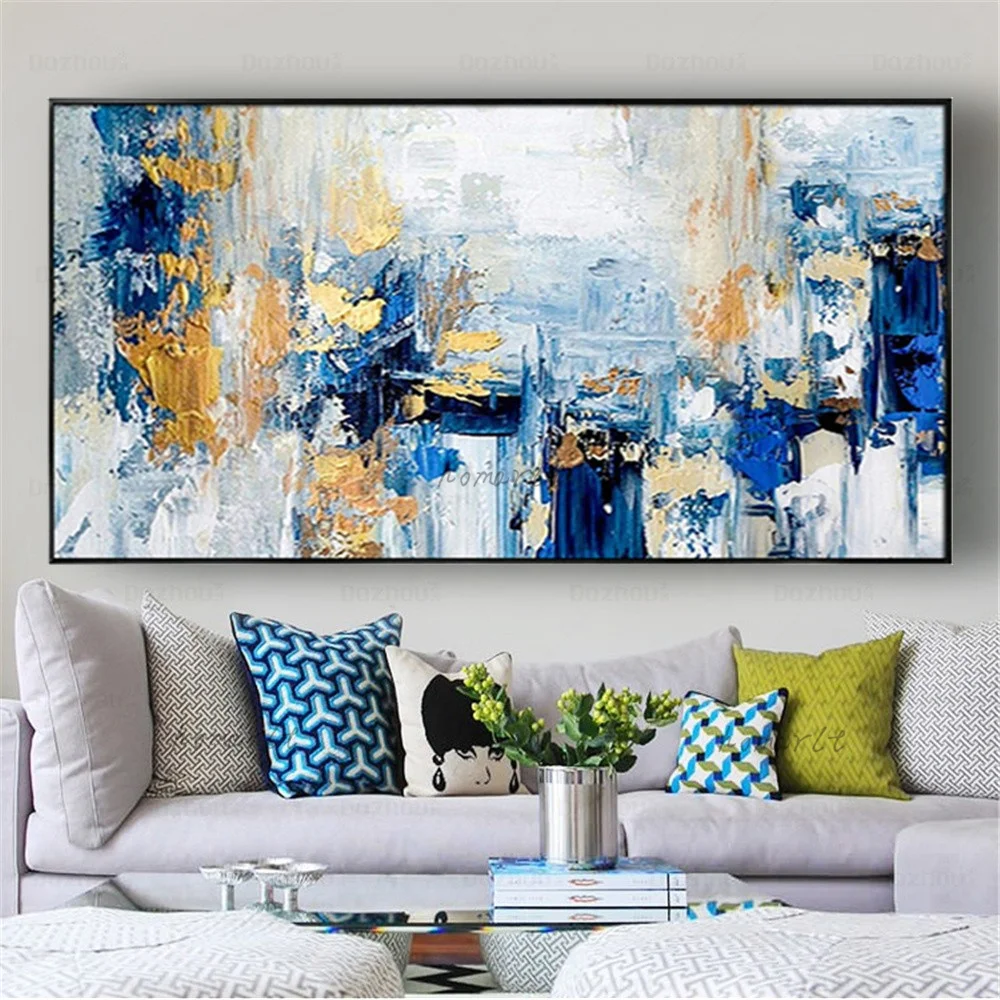 

Real Hand-Painted Abstract Oil Paintings Decor Living Room Bedroom Yellow Blue Palette Knife Canvas Wall Art Pictures Hang Piece