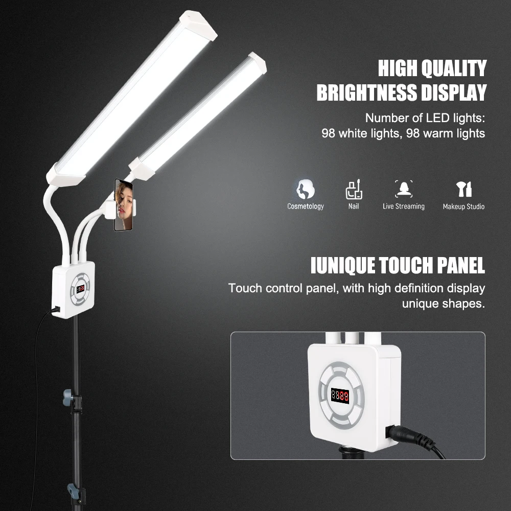 HDSNH LED Video Light 40W Double Arms Beauty Light con supporti per telefono treppiede regolabile dimmerabile 3200-5600K per trucco Manicure