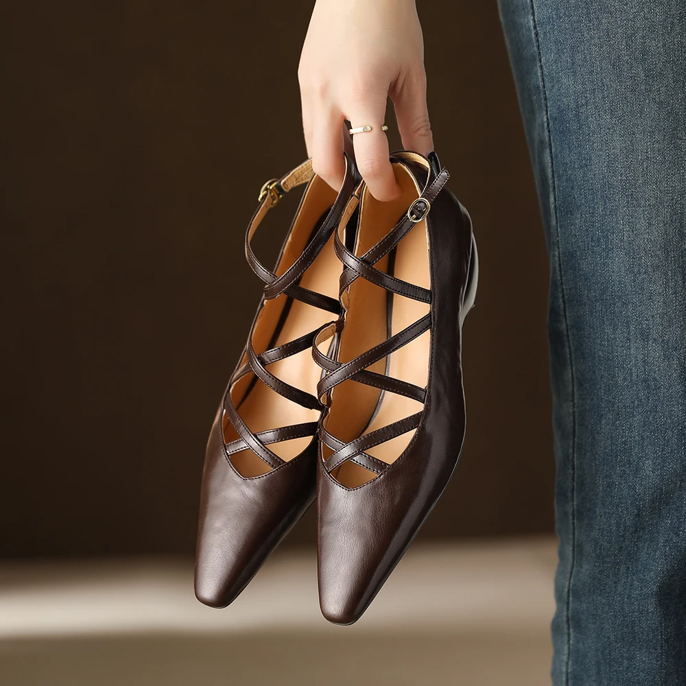 

2024 new spring women pumps natural leather shoes 22-24.5cm cowhide+pigskin square toe cross-strap buckle Mary Jane shoes women