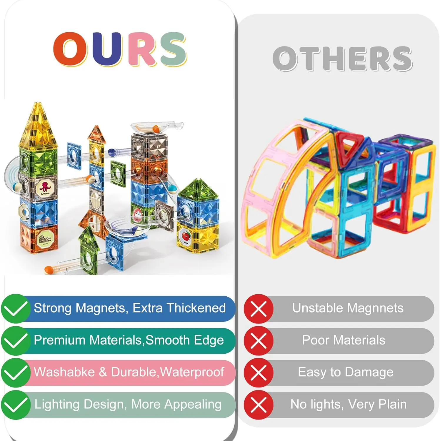 Magnetic Building Blocks with Marble Run Magna Tiles Colorful and Colour Light Strong Magnetic Toy Montessori STEM Game
