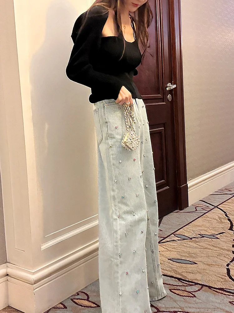 High Waist Jeans Loose Rhinestone Flared Denim Trousers Female Slimming Sheath Wide-Leg Pants Spring Summer Women's Denim Pants