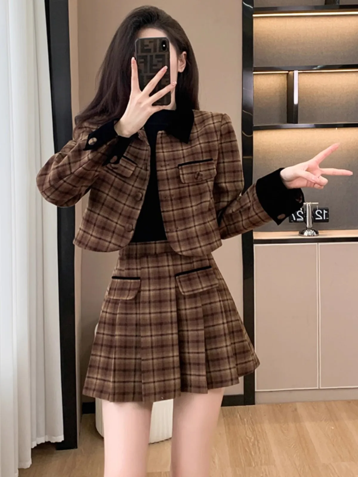 Women Plaid Two Piece Outfits 2024 Autumn Winter Vintage