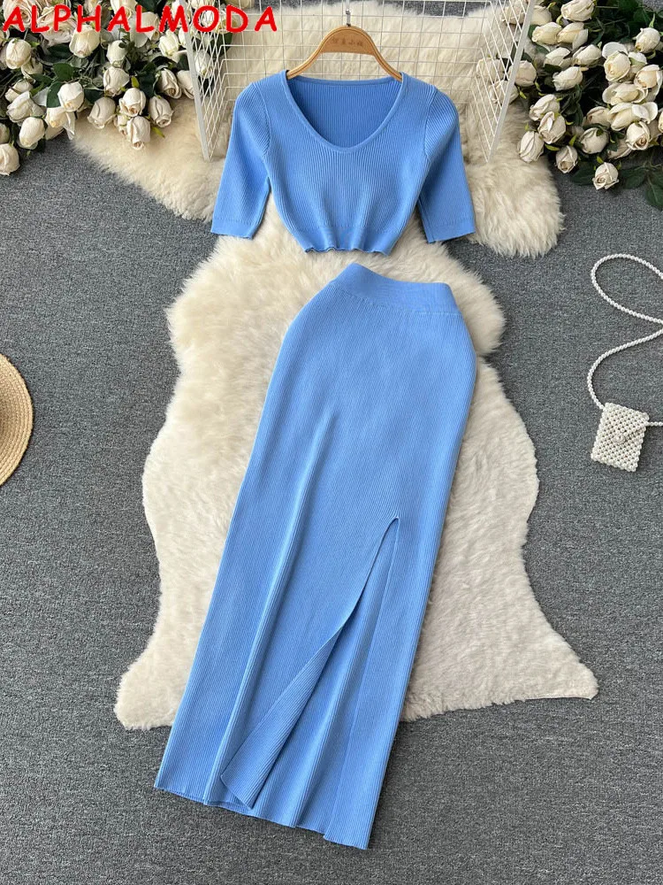 

ALPHALMODA 2023 Summer New Solid Color Knitted Short-sleeved Crop Top + Slit Long Skirt Women 2pcs Fashion 2pcs Suits Chic Set