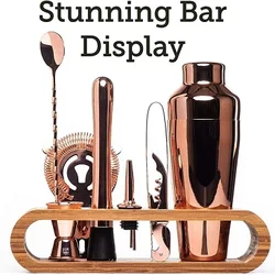 Premium Cocktail Bar Set - 10 - Piece Mixology Kit with Elegant Bamboo Stand (Copper Plated)