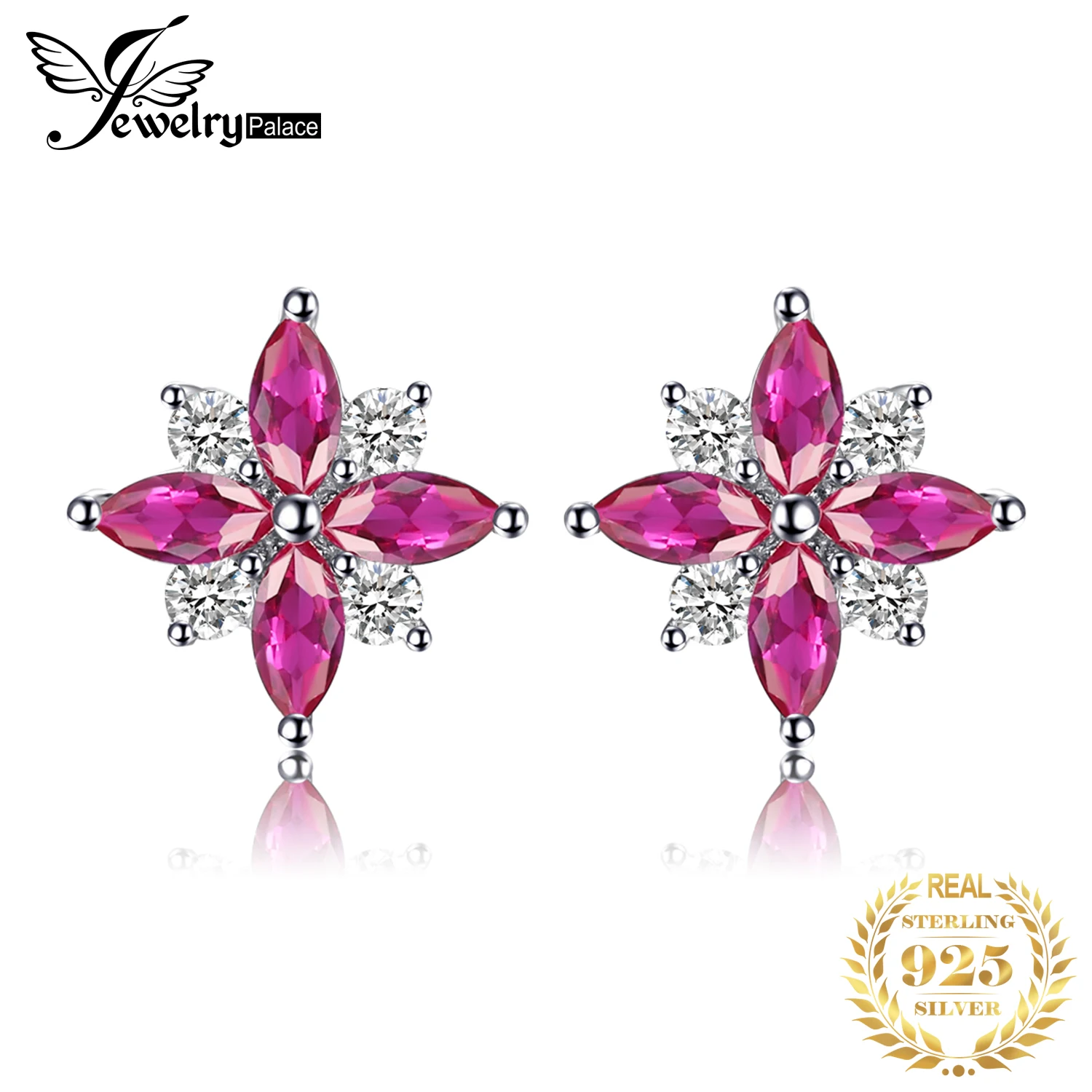 JewelryPalace Flower Cross Created Ruby 925 Sterling Silver Stud Earrings for Woman Statement Gemstone Jewelry Birthday Gift