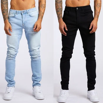 Jeans da uomo Pantaloni a matita elasticizzati skinny tinta unita Jeans denim slim fit da jogging Streetwear Pantaloni casual da cowboy neri 1