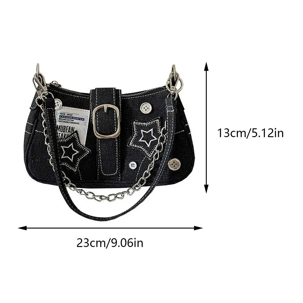 Women Fashion Shoulder Bag Large Capacity Y2K Star Denim Underarm Bag Retro Button Handbag Solid Color Chic Hobo Chain Bag