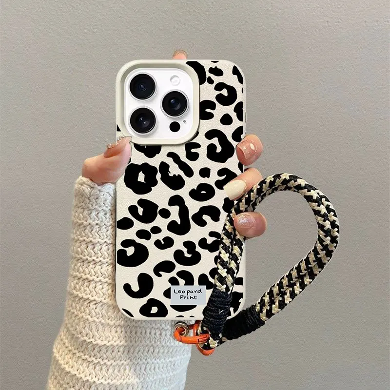 Leopard Print Lanyard Strap Phone Case with Lichee Pattern Cover