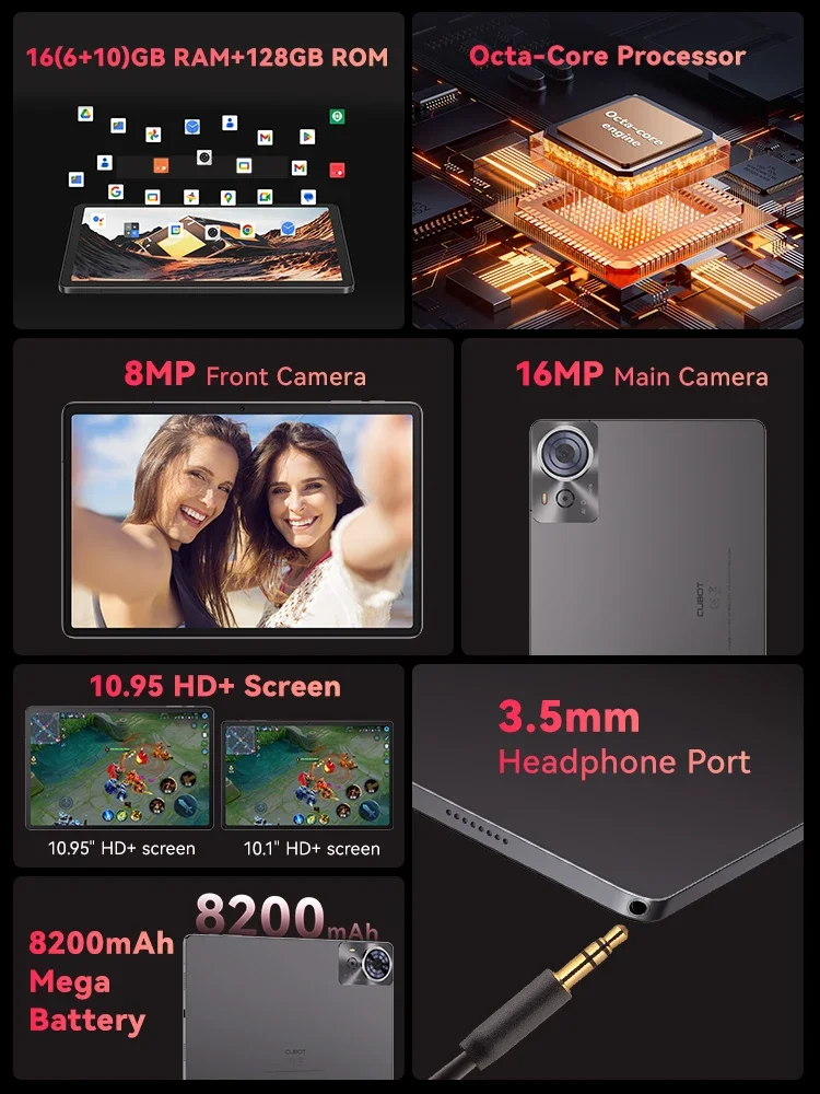 Cubot TAB 70 Tablet 16GB(6+10)RAM+128GB ROM Octa-Core Android 14 10.95" HD+ Screen 8200mAh GPS Face ID 16MP Main Camera 2