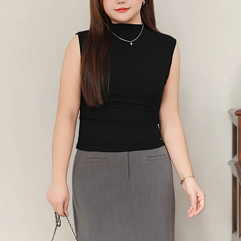 Women's Plus Size Mock Neck Sleeveless Top - French Chic Slim -Tank Top With Fold Detail, Premium Modal Fabric & Stretch Comfort