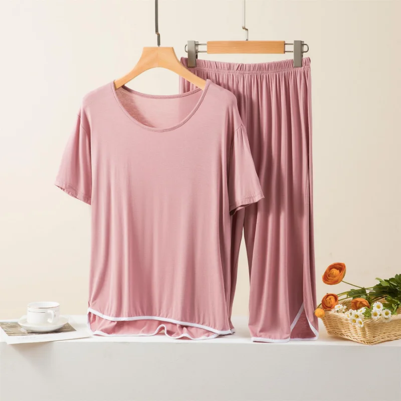 Summer 2023 New Women's Pajamas Set modal Ladies Short Sleeve+Capris Two Piece Solid Color Large and Thin Household Clothes Set