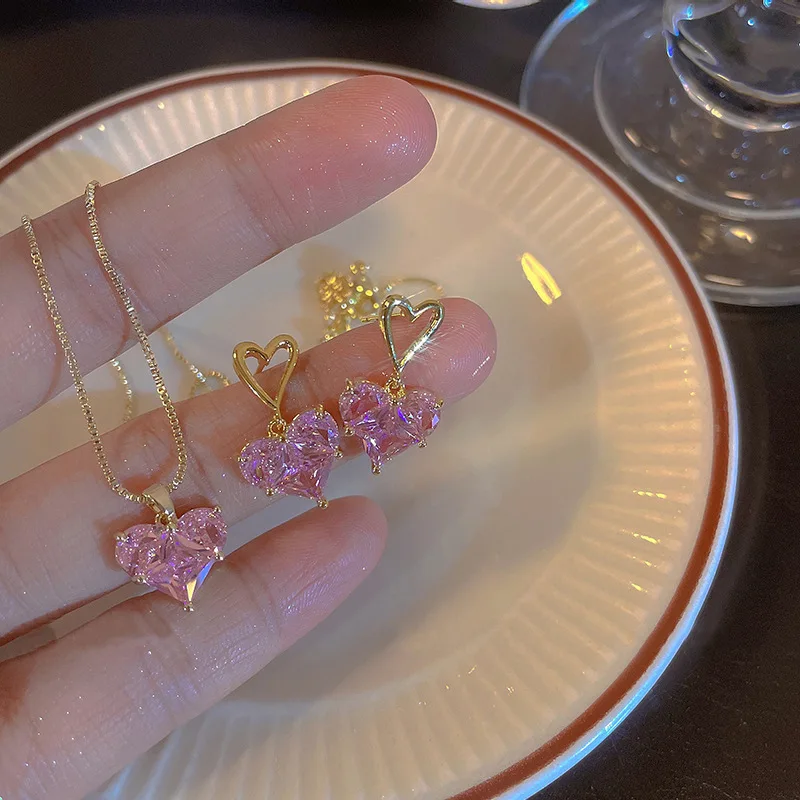 Jewelry Sets Women Earrings Chain Necklace 3pcs Y2k Heart-shaped Zircon Pendant Earrings Necklaces Set