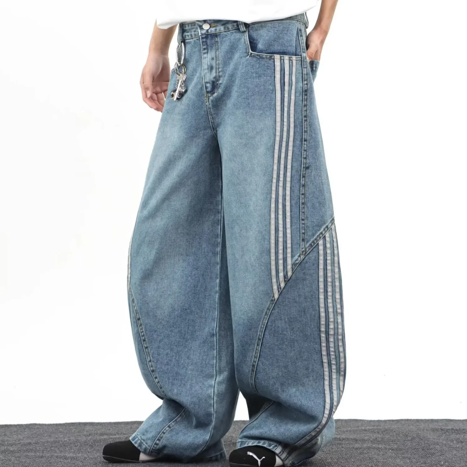American Retro Washed Deconstructed Knife Jeans Stripe Splicing