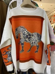 Plus Size Rhinestone Horse Luxury Brand Design Knit Long Sleeves Pullover Sweater For Women Pull Top Outerwear Knitwear Clothing