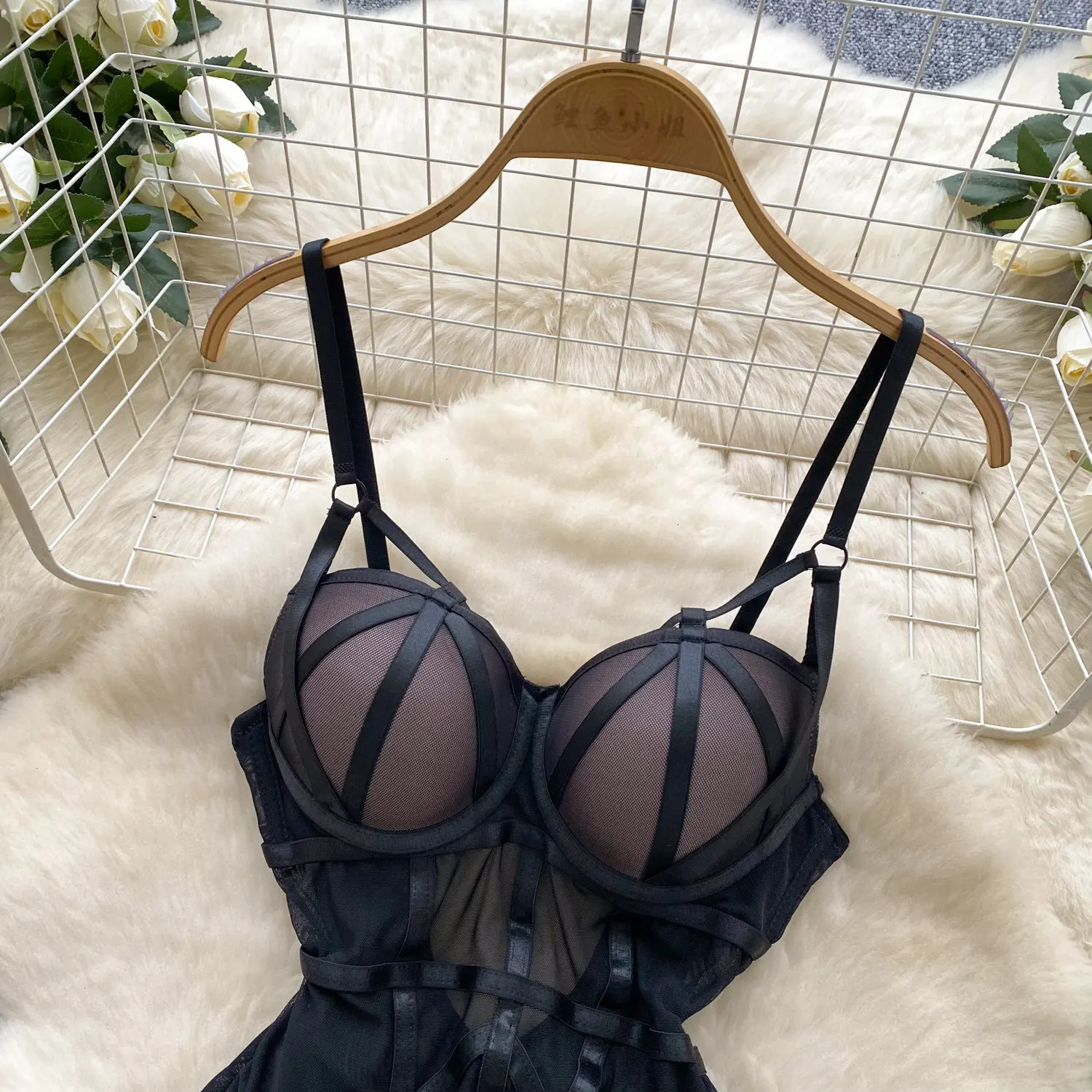 padded cup detail on bandage mesh bodysuit