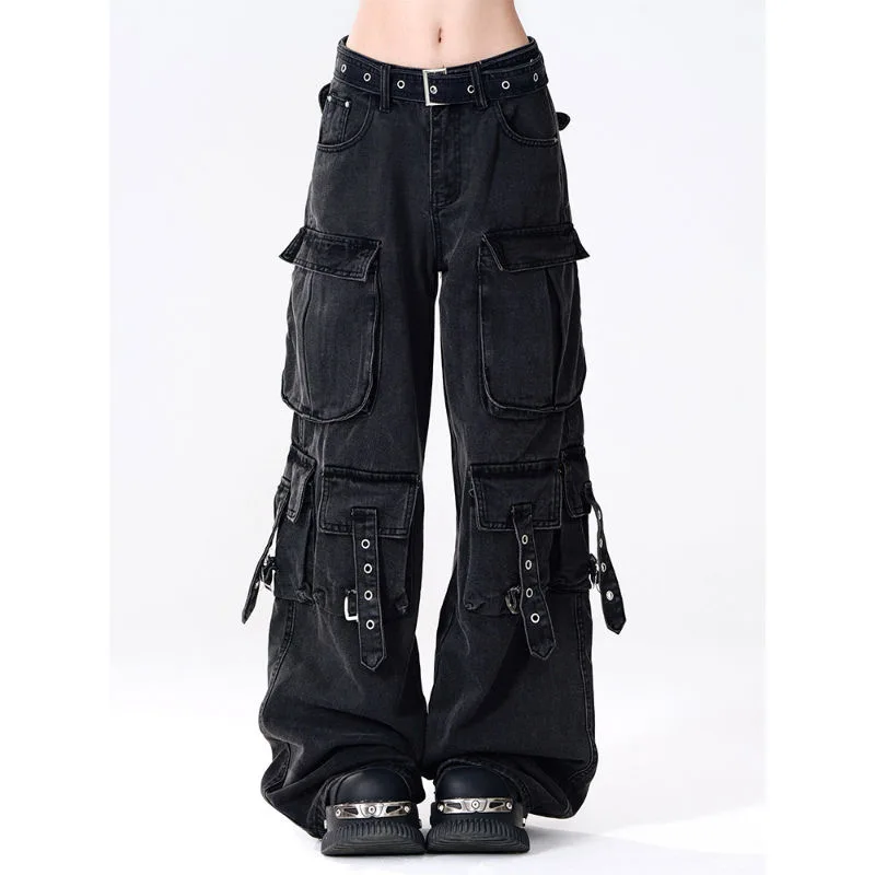 Y2K 2000S Black Cargo Jeans Women Vintage Streetwear Wide Leg Denim Pants Harajuku Dark High Waist Baggy Straight Trouser New 1