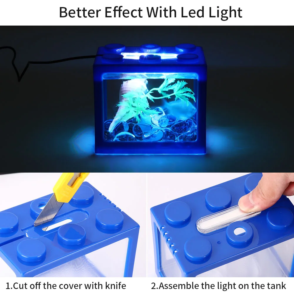 USB Interface Aquarium for Fish Tanks Building Block Small Fish Tank Stackable Seaweed Box Marimo Plastic LED Light Fishbowl