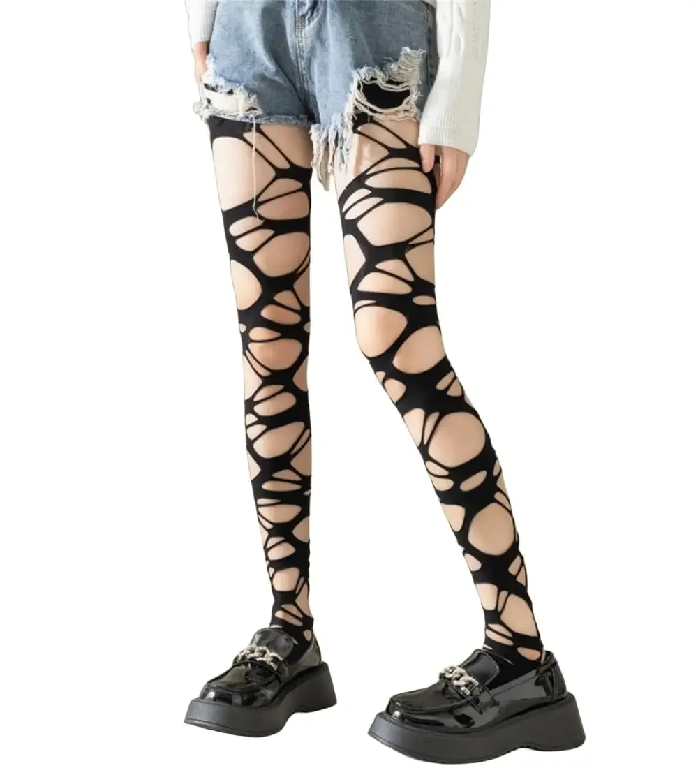 Sexy Schwarze Zerrissene Netzstrumpfhose Damen Gothic Punk Ausgehöhlte Enge Netzstrümpfe Leggings Emo-Stil Egirl Streetwear – Detail 2