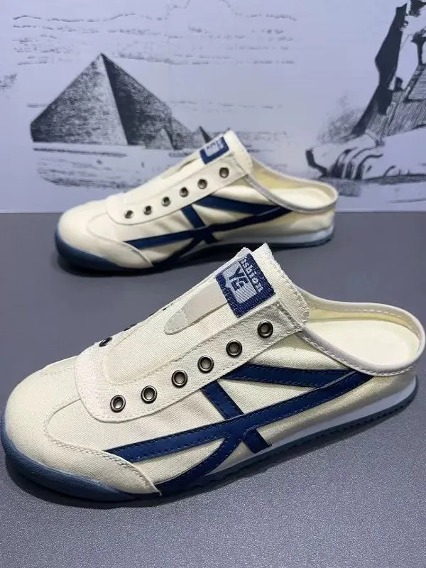 여름 남성 캔버스 슬립온 신발 통기성 좋은 가벼운 플랫 힐 라운드 토 타이거 스타일 캐주얼 패션 로우탑 스니커즈